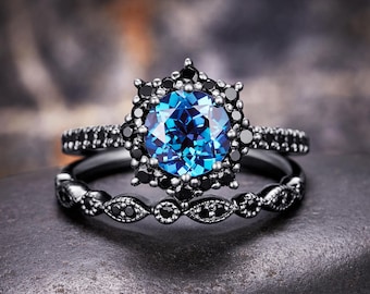 Unique Round Cut Alexandrite Engagement Ring Set Black Vintage Halo Black Moissanite Wedding Set Ring Gothic Promise Ring For Women Gift