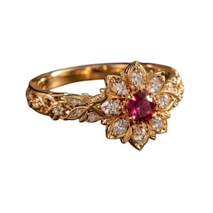 For Kozy, 14K yellow gold, size 4.25,  lab ruby with Moissanite