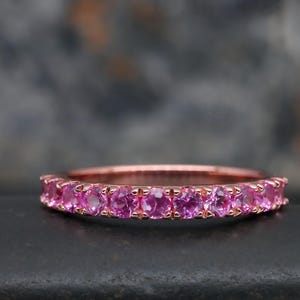 2.5mm Pink Sapphire Wedding Band, Rose Gold  Matching Band, Half Eternity Engagement Anniversary Promise Ring, Thin Dainty Stackable Band