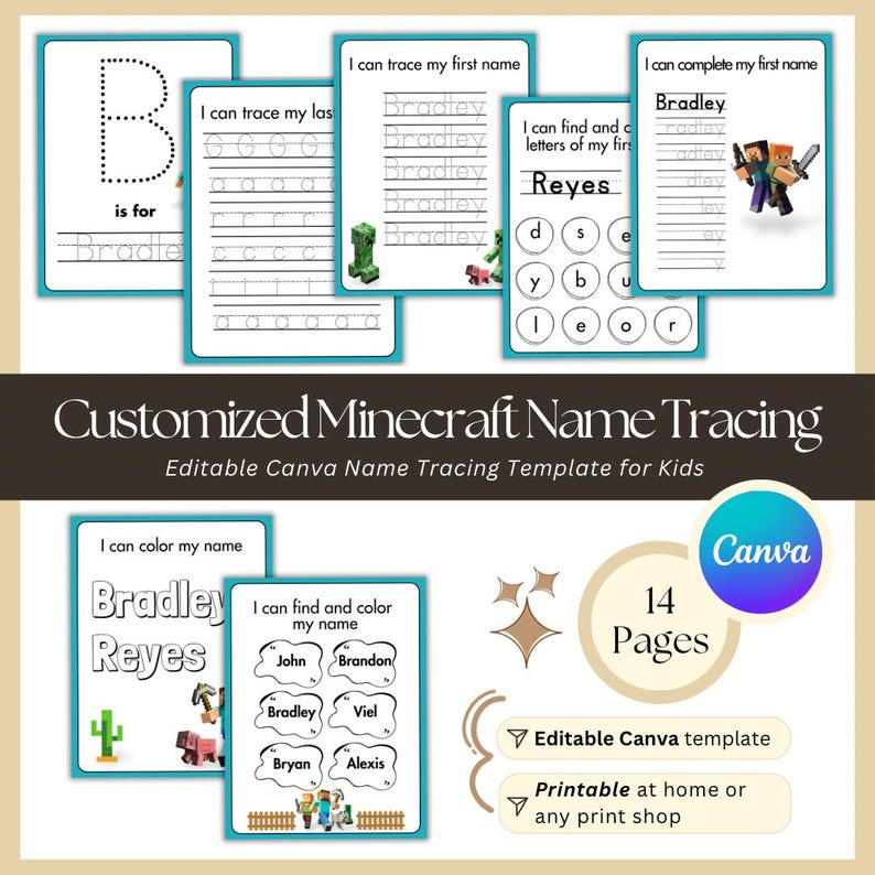 Editable Name Tracing Canva Template Minecraft Theme for Toddlers and ...