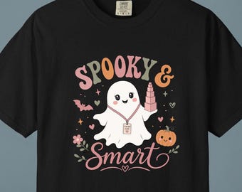 Camiseta assustadoramente inteligente, camiseta Montessori fantasma, blusa rosa com torre para o Halloween, roupa fofa e assustadora para professores, roupa de guia assustadora, presente para educadores no Halloween