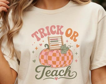 Camiseta "Doce ou Travessura", Camiseta Montessori de Halloween, Blusa de Abóbora com Ábaco, Roupa Assustadora para Professor de Matemática, Roupa Descolada para Educador, Presente para Guia da Educação Infantil
