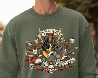 Moletom retrô com estampa de alce, estilo heavy metal vintage, presente divertido com arte animal dos anos 80 para amantes da música, camiseta vintage com chifres selvagens.