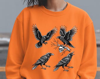 Moletom Corvo Gótico, Gola Redonda Caveira de Corvo Vintage, Estilo Tatuagem Old School, Moletom Corvo Gótico, Estilo Edgar Allan Poe, Camiseta Arte Sombria