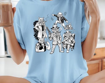 Camiseta Gato Gangster, Camiseta Vintage com Estampa de Gatos da Máfia, Camiseta Retrô Noir de Desenho Animado com Gato, Camiseta Streetwear Y2K, Camiseta Engraçada de Gato Mafioso