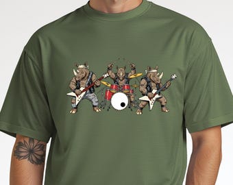 Camiseta engraçada de banda de rock com rinoceronte, camiseta vintage de músico, camiseta de baterista de heavy metal, roupa retrô com estampa de banda, presente fofo para fã de rock