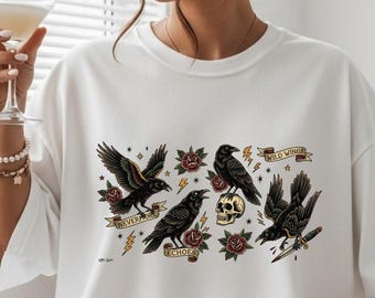 Camiseta Vintage Raven Tattoo, Camiseta Gótica com Estampa de Caveira e Corvo, Camiseta Unissex Dark Academia, Estilo Tatuagem Old School, Camiseta Grunge Alternativa