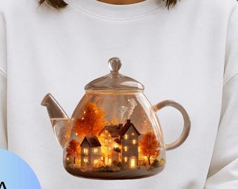 Camiseta com estampa de bule e terrário, blusa com vila em miniatura, blusa de gola redonda aconchegante para o outono, suéter estilo casa de campo, suéter para casinha de fadas, presente para amantes de chá