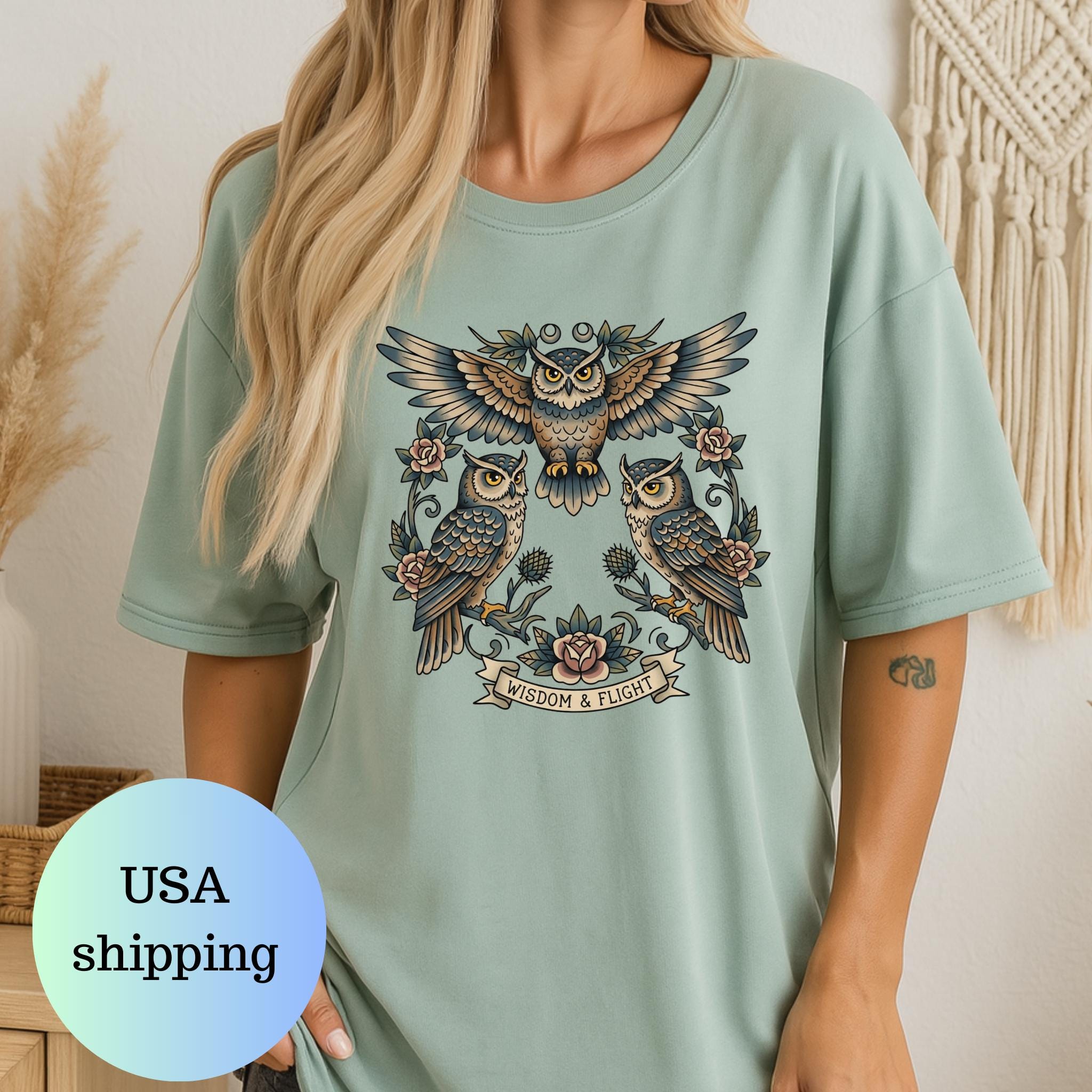 Vintage Owl Tattoo T-Shirt, Mystic Flight Graphic Tee, Retro Boho Animal Art Gift