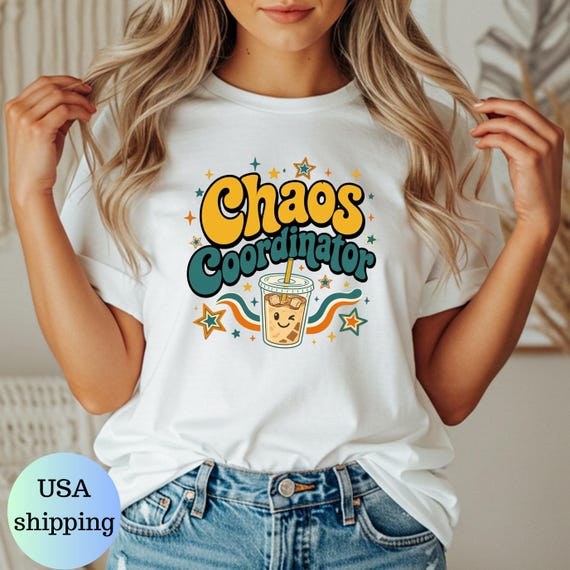 Chaos Coordinator Teacher Shirt, Retro Iced Coffee Tee, Groovy Back to School Top, Funny Educator Gift, Kindergarten Classroom Outfit