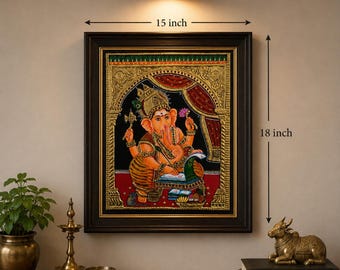Authentique peinture Tanjore en feuille d'or 22 carats Lord Ganesha | Art indien fait main (18 x 15")