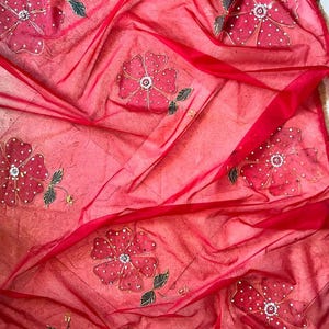 Red Organza Dupatta with Hand Painted Flowers – Festive Wear