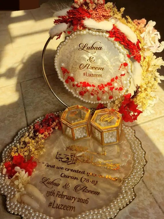 Handcrafted Resin Art Nikah Tray, Custom Wedding Ring Holder