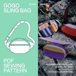 Könnte beinhalten: Ein Gogo Sling Bag PDF-Schnittmuster mit einer weißen Strichzeichnung einer Gürteltasche auf mintgrünem Hintergrund. Rechts sind drei fertige Taschen in gestreifter, roter und lila-grüner Ausführung mit verstellbaren Riemen abgebildet.