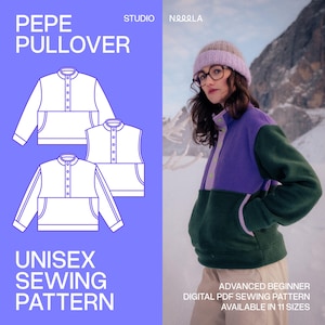 Op de afbeelding: Een unisex naaipatroon voor een Pepe Pullover. De afbeelding toont een vrouw die een colorblock pullover in paars en groen draagt. Het patroon bevat illustraties van het pulloverontwerp. Tekst op de afbeelding luidt "Unisex Sewing Pattern" en "Advanced Beginner".