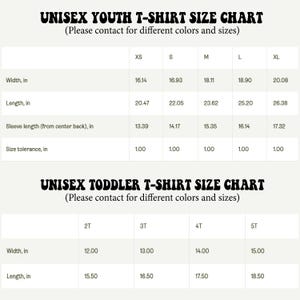 May include: A size chart for unisex youth and toddler t-shirts. The chart includes measurements for width, length, and sleeve length in inches. The text "UNISEX YOUTH T-SHIRT SIZE CHART" and "UNISEX TODDLER T-SHIRT SIZE CHART" are displayed.