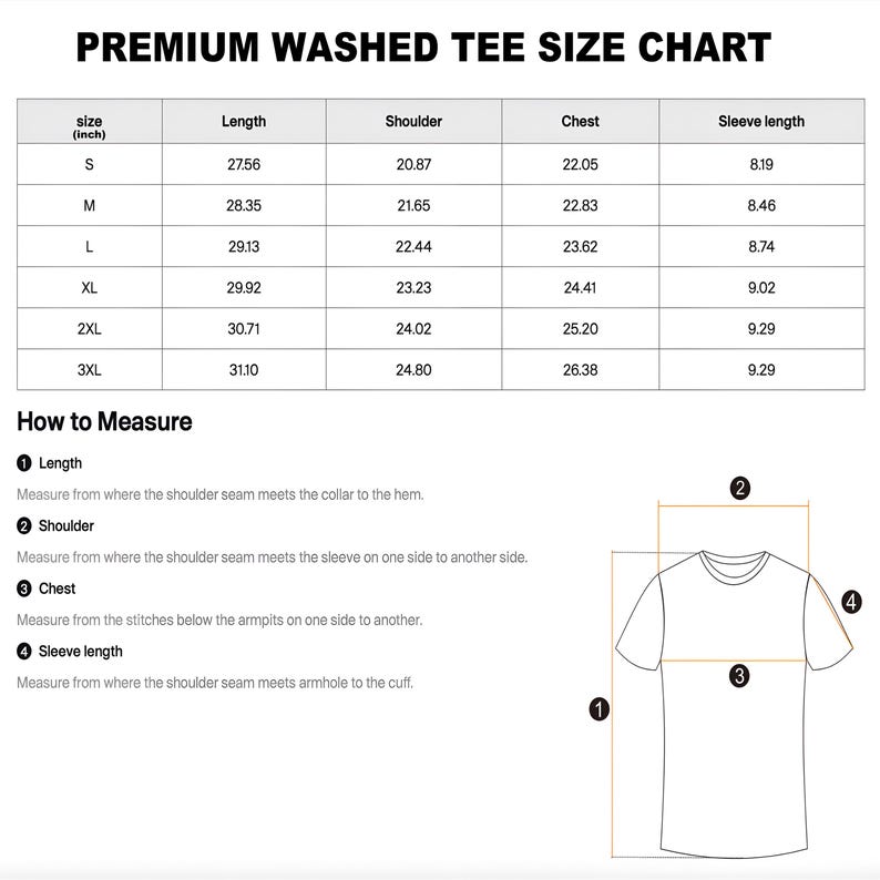 May include: A white size chart for premium washed tees, with measurements in inches for sizes S to 3XL. Includes length, shoulder, chest, and sleeve length. Also shows how to measure each part of the shirt.