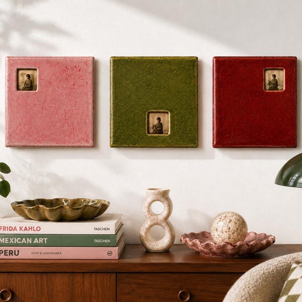 Custom Large Hand-Built Ceramic Photo Frame • Speckled Reactive Glaze, Wall Hanging (30x30cm)