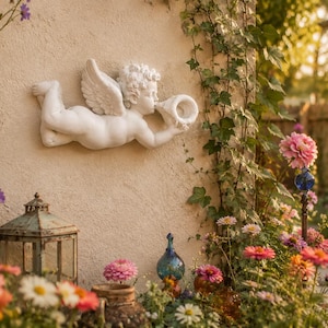 Puede incluir: Una serena escena de jardín con una escultura de querubín blanco sobre una pared texturizada. Flores coloridas en varios tonos, incluyendo rosa, naranja y amarillo, florecen en primer plano. Una linterna vintage y botellas de vidrio decorativas añaden encanto.