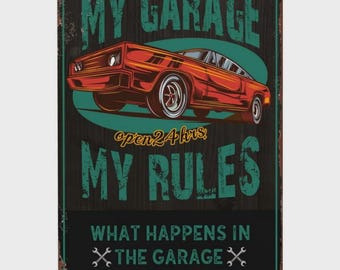 1027-2 Vintage Metal Tin Sign - "My Garage, My Rules" Wall Decor