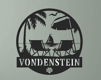 1024-PLASMA CUT STEEL-Round personalized hanging metal sign, tropical,beach view
