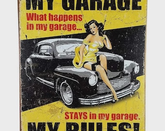 1027-1 Vintage Metal Tin Sign - "My Garage, My Rules" Wall Decor