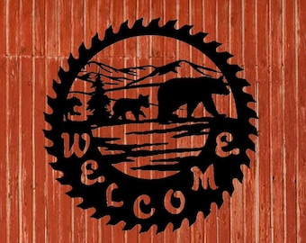 1014-PLASMA CUT STEEL bear cub sawblade, outdoors, metal sign, hanging sign