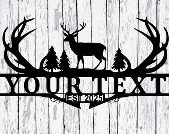 1006-PLASMA CUT STEEL, personalized deer scene with anthlers, hunter sign,est