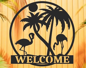 1009-STEEL PLASMA CUT round welcome sign with flamingos and palm trees, metal
