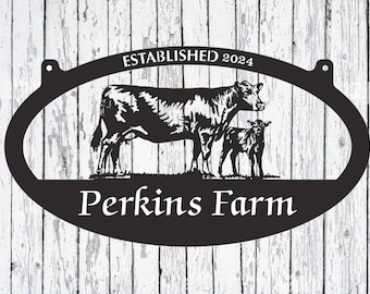 1016-PLASMA CUT STEEL oval hanging sign, name, est date, cow calf, farm