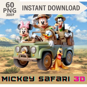 May include: Digital illustration featuring Mickey Mouse, Minnie Mouse, Donald Duck, and Goofy in safari outfits, in a green jeep. Pluto is in front of the jeep. The image includes the text "Mickey Safari 3D" and "Instant Download".