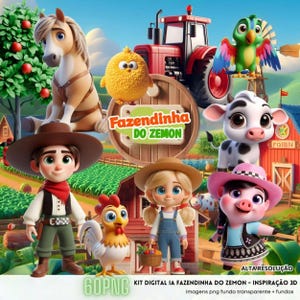 Pode incluir: Uma ilustração digital com tema de fazenda, apresentando personagens de desenhos animados, incluindo um cavalo, uma vaca, um porco, um papagaio e figuras de fazendeiros. A imagem inclui um trator vermelho, um barril de madeira com texto e um celeiro vermelho.