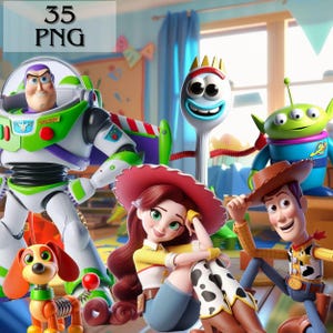 Pode incluir: Imagem vibrante com personagens da franquia Toy Story. Buzz Lightyear em um traje espacial verde e branco, Jessie com uma camisa amarela e botas com estampa de vaca, Woody com chapéu de cowboy e outros personagens. O texto "35 PNG" é visível.