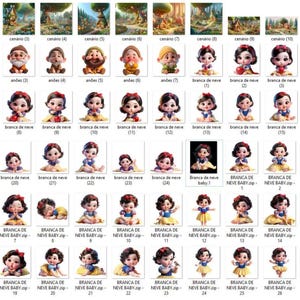 May include: A collection of digital art images featuring Snow White and the Seven Dwarfs. The images include various poses of Snow White, and the dwarfs, with the text "Branca de neve" and "NEVE BABY" on some.