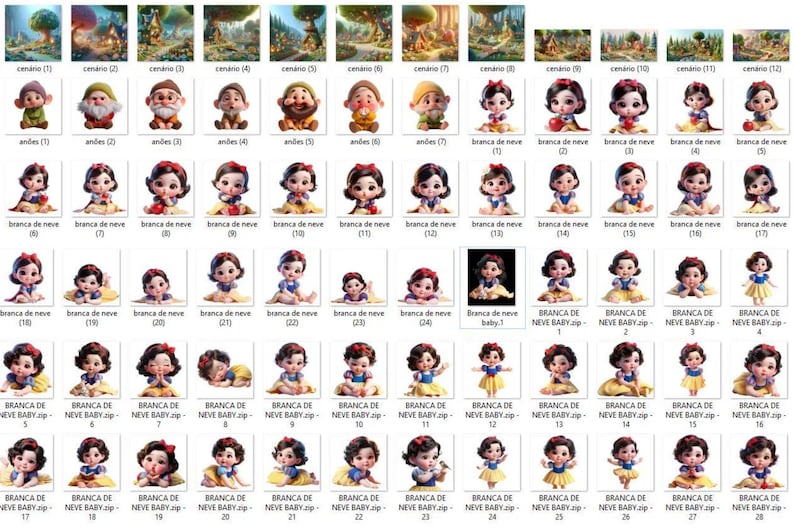 May include: A collection of digital art images featuring Snow White and the Seven Dwarfs. The images include various poses of Snow White, and the dwarfs, with the text "Branca de neve" and "NEVE BABY" on some.