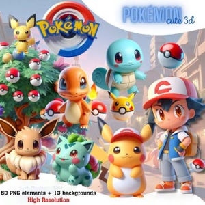 Op de afbeelding: Een afbeelding met 3D-gerenderde Pokémon-personages zoals Pikachu, Charmander en Squirtle, samen met een Poké Ball en het Pokémon-logo. De tekst "Pokémon cute 3d" en "50 PNG elements + 13 backgrounds High Resolution" zijn ook aanwezig.