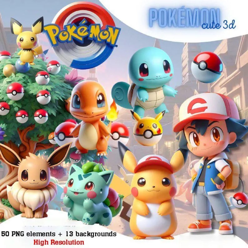 Cute 3D Pokémon Clipart Bundle – 50+ PNG Elements + 13 Backgrounds ...