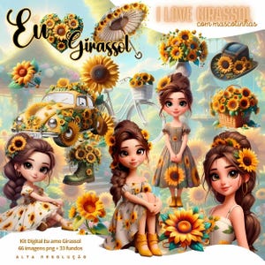 Pode incluir: Arte digital com girassóis e o texto "Eu Girassol" e "I LOVE GIRASSOL". A imagem inclui um carro amarelo, uma bicicleta e meninas de desenho animado com detalhes de girassol. Há também girassóis em vasos e um chapéu.