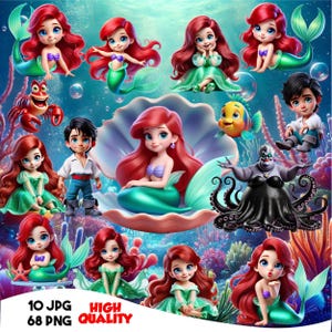 May include: A digital illustration featuring multiple images of a mermaid with red hair and a green tail, along with other characters from the story. The background is a vibrant underwater scene with coral and bubbles. Text at the bottom reads "10 JPG 68 PNG HIGH QUALITY."