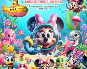 May include: Digital illustration featuring Minnie Mouse and friends in an underwater scene. The image includes a yellow submarine, various sea creatures, and text that reads "MINNIE FUNDO DO MAR". The characters are depicted in vibrant colors, creating a playful and engaging design.