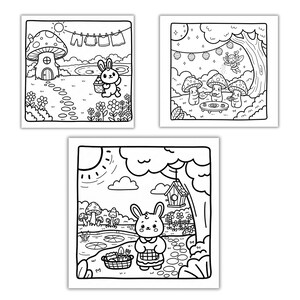 May include: Three black and white illustrations of whimsical scenes. One shows a bunny with a basket near a pond and mushroom house. Another depicts mushroom characters at a table with a fairy. The third shows a bunny near a pond with a birdhouse.