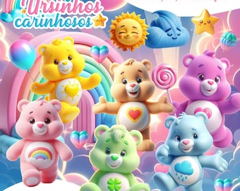 Cute 3D Candy Bears Clipart Bundle – 43 Bear Elements + 11 Rainbow Backgrounds, Pastel Bear for Invitations, Scrapbooks, Party Decor