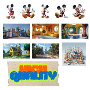 May include: A collage of images featuring Mickey Mouse in various poses, along with illustrations of a castle, a house, and a street scene. The phrase "HIGH QUALITY" is displayed in blue and orange.