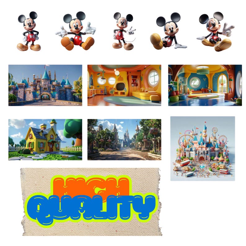 May include: A collage of images featuring Mickey Mouse in various poses, along with illustrations of a castle, a house, and a street scene. The phrase "HIGH QUALITY" is displayed in blue and orange.