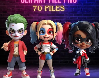 3D Villains Clipart Bundle – Cute Joker & Harley Style PNG, 70 Files, Superhero Villains, Comic Party Decor and Sublimation Art
