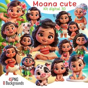 Vaiana sött 3D-kit – 45 PNG + 8 bakgrunder direktnedladdning tropisk ö clipart-paket