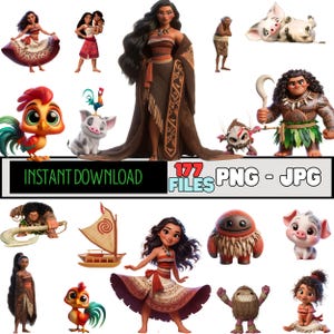 Vaiana PNG Clipart-paket – 177 filer direktnedladdning (155 transparenta PNG + JPG-bakgrunder) Digital scrapbooking-festgrafik