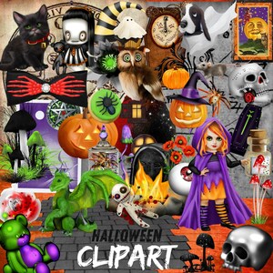 May include: A collage of Halloween-themed clip art. Includes a black cat, a witch doll, pumpkins, a skull, a ghost, an owl, a dragon, and the text "HALLOWEEN CLIPART". The color palette is orange, purple, black, and green.