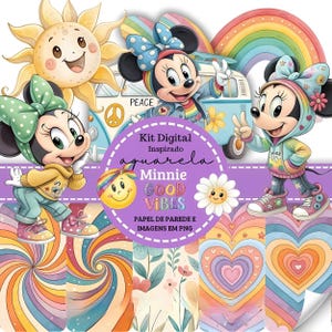Pode incluir: Um kit de arte digital com a Minnie Mouse em um estilo aquarela colorido. A imagem inclui personagens da Minnie Mouse, um sol sorrindo, um arco-íris e vários fundos estampados. O texto na imagem diz "Minnie Good Vibes".