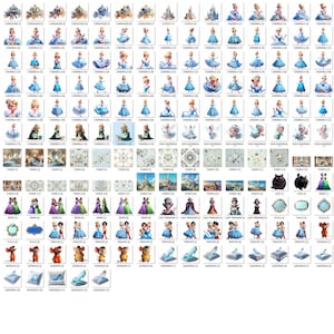 May include: A collection of digital illustrations featuring Cinderella and related characters. The images include Cinderella in various poses, carriages, castles, and other elements from the fairy tale, in a variety of styles and sizes.